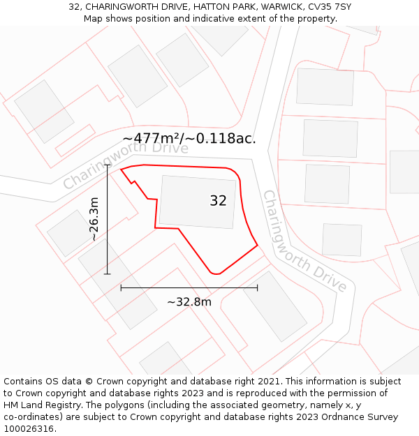32, CHARINGWORTH DRIVE, HATTON PARK, WARWICK, CV35 7SY: Plot and title map