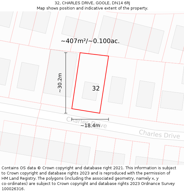 32, CHARLES DRIVE, GOOLE, DN14 6RJ: Plot and title map