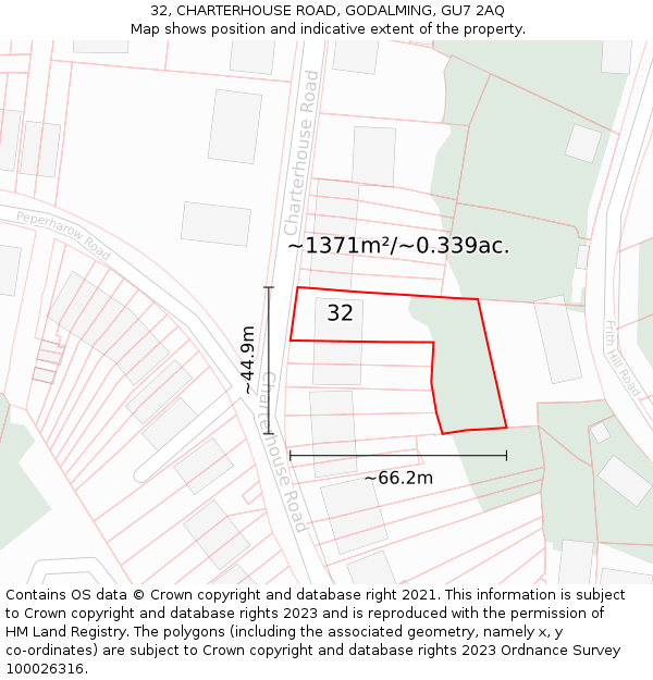 32, CHARTERHOUSE ROAD, GODALMING, GU7 2AQ: Plot and title map