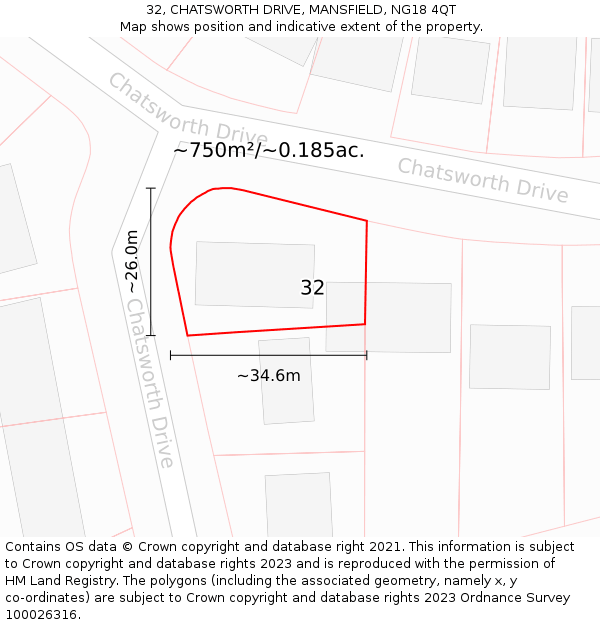 32, CHATSWORTH DRIVE, MANSFIELD, NG18 4QT: Plot and title map