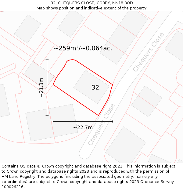 32, CHEQUERS CLOSE, CORBY, NN18 8QD: Plot and title map