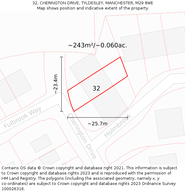 32, CHERINGTON DRIVE, TYLDESLEY, MANCHESTER, M29 8WE: Plot and title map