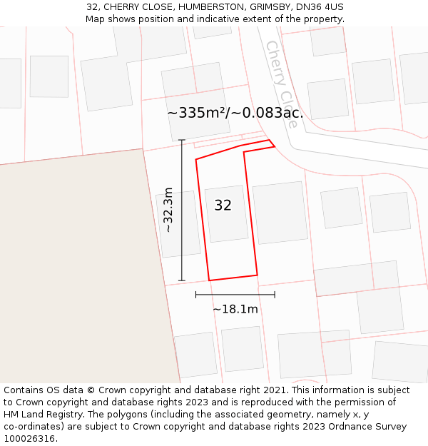 32, CHERRY CLOSE, HUMBERSTON, GRIMSBY, DN36 4US: Plot and title map