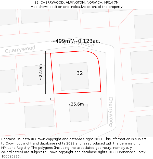 32, CHERRYWOOD, ALPINGTON, NORWICH, NR14 7NJ: Plot and title map