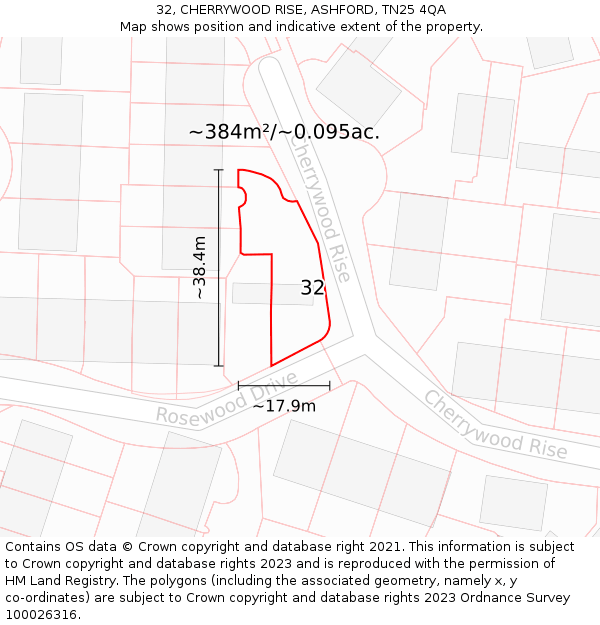 32, CHERRYWOOD RISE, ASHFORD, TN25 4QA: Plot and title map