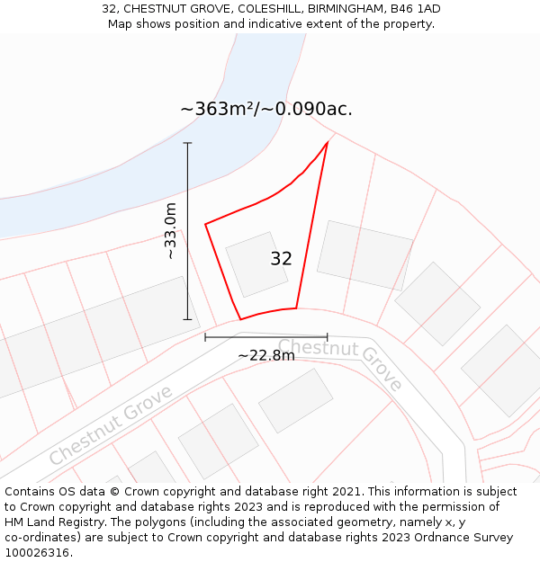 32, CHESTNUT GROVE, COLESHILL, BIRMINGHAM, B46 1AD: Plot and title map