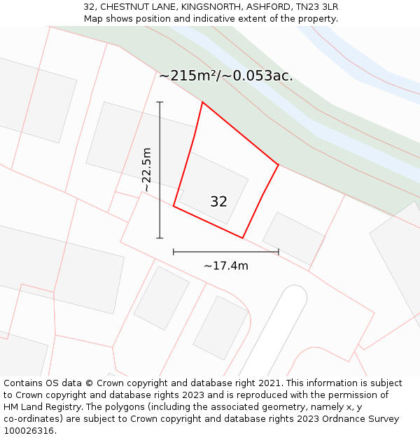 32, CHESTNUT LANE, KINGSNORTH, ASHFORD, TN23 3LR: Plot and title map