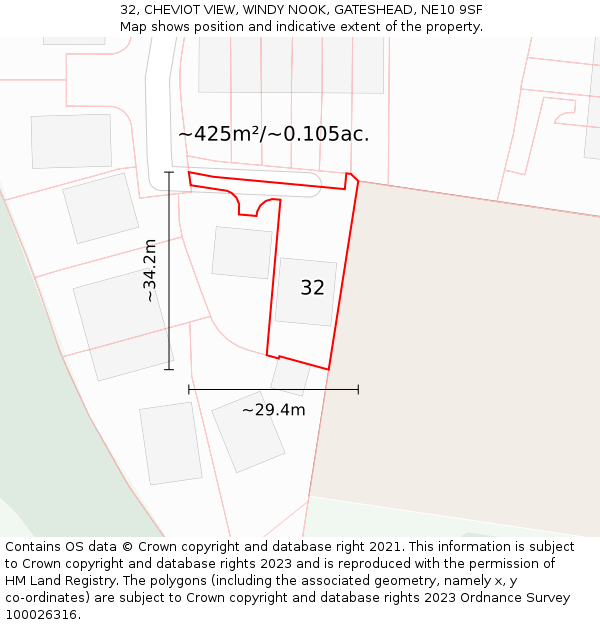 32, CHEVIOT VIEW, WINDY NOOK, GATESHEAD, NE10 9SF: Plot and title map