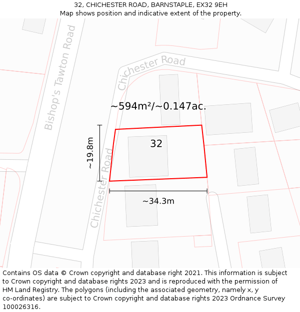 32, CHICHESTER ROAD, BARNSTAPLE, EX32 9EH: Plot and title map