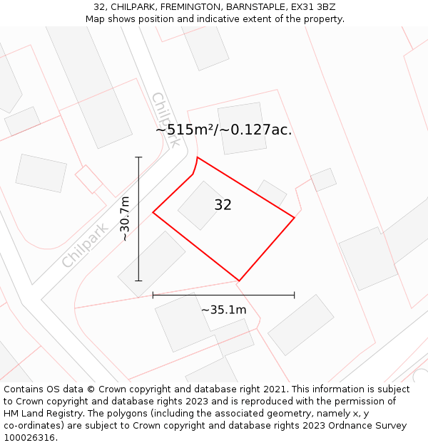 32, CHILPARK, FREMINGTON, BARNSTAPLE, EX31 3BZ: Plot and title map