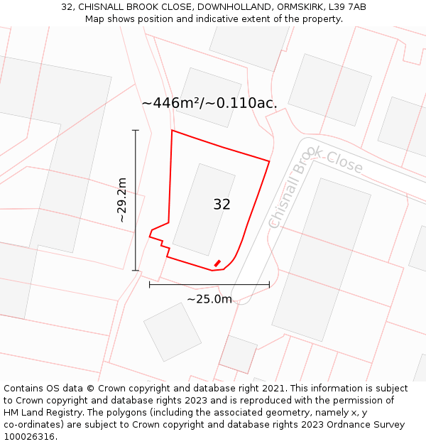 32, CHISNALL BROOK CLOSE, DOWNHOLLAND, ORMSKIRK, L39 7AB: Plot and title map