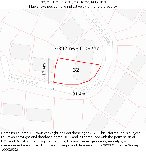 32, CHURCH CLOSE, MARTOCK, TA12 6DS: Plot and title map