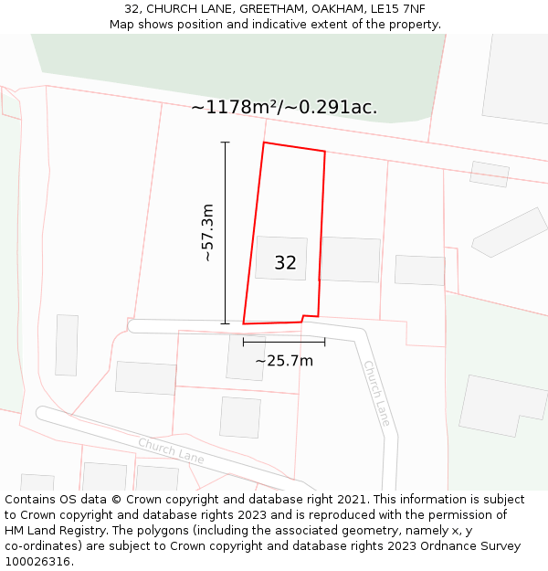 32, CHURCH LANE, GREETHAM, OAKHAM, LE15 7NF: Plot and title map