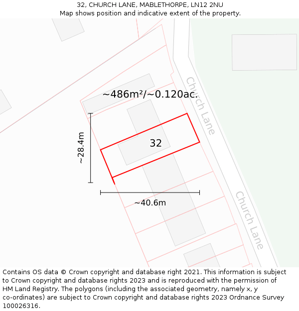 32, CHURCH LANE, MABLETHORPE, LN12 2NU: Plot and title map