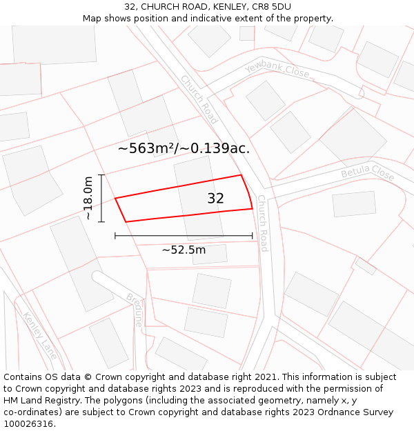 32, CHURCH ROAD, KENLEY, CR8 5DU: Plot and title map