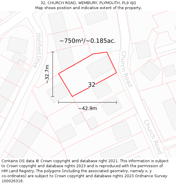 32, CHURCH ROAD, WEMBURY, PLYMOUTH, PL9 0JG: Plot and title map