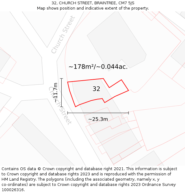 32, CHURCH STREET, BRAINTREE, CM7 5JS: Plot and title map