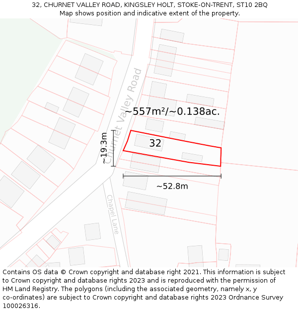 32, CHURNET VALLEY ROAD, KINGSLEY HOLT, STOKE-ON-TRENT, ST10 2BQ: Plot and title map