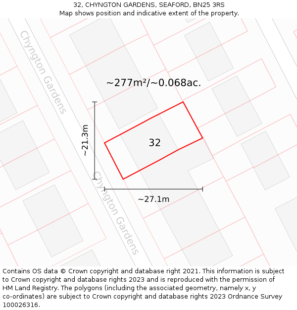 32, CHYNGTON GARDENS, SEAFORD, BN25 3RS: Plot and title map