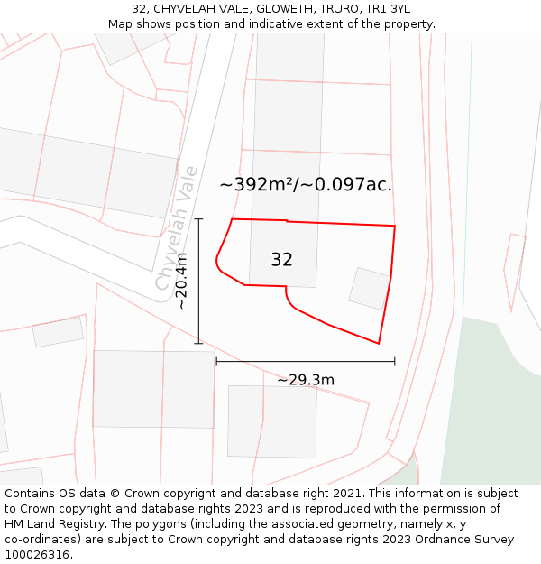 32, CHYVELAH VALE, GLOWETH, TRURO, TR1 3YL: Plot and title map