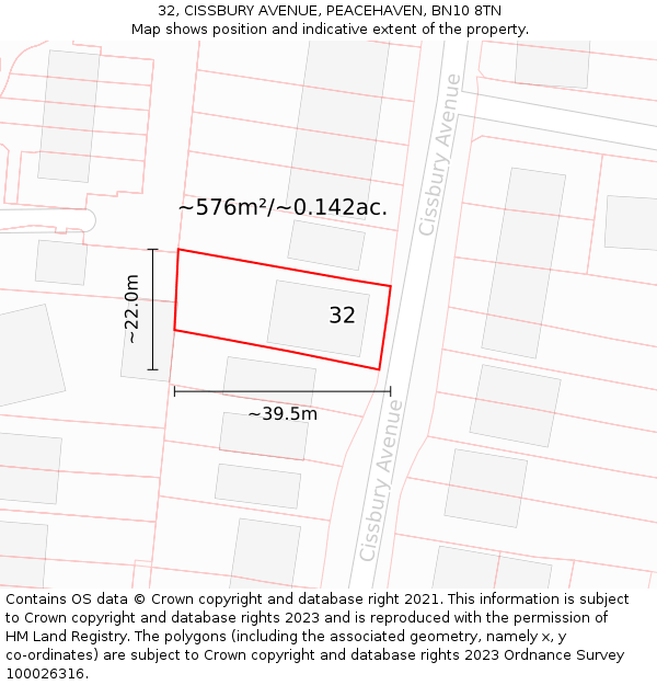 32, CISSBURY AVENUE, PEACEHAVEN, BN10 8TN: Plot and title map