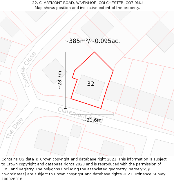 32, CLAREMONT ROAD, WIVENHOE, COLCHESTER, CO7 9NU: Plot and title map