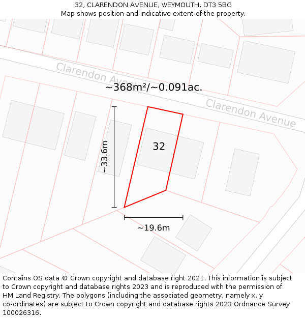 32, CLARENDON AVENUE, WEYMOUTH, DT3 5BG: Plot and title map