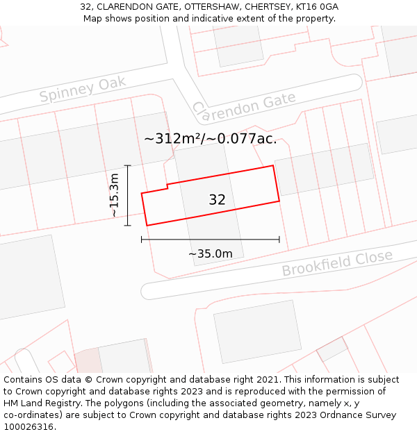 32, CLARENDON GATE, OTTERSHAW, CHERTSEY, KT16 0GA: Plot and title map