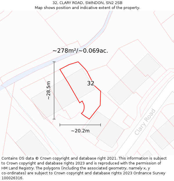 32, CLARY ROAD, SWINDON, SN2 2SB: Plot and title map