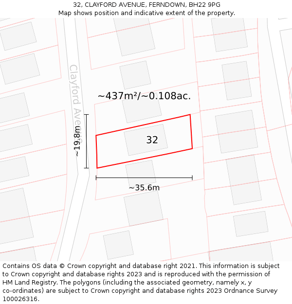 32, CLAYFORD AVENUE, FERNDOWN, BH22 9PG: Plot and title map