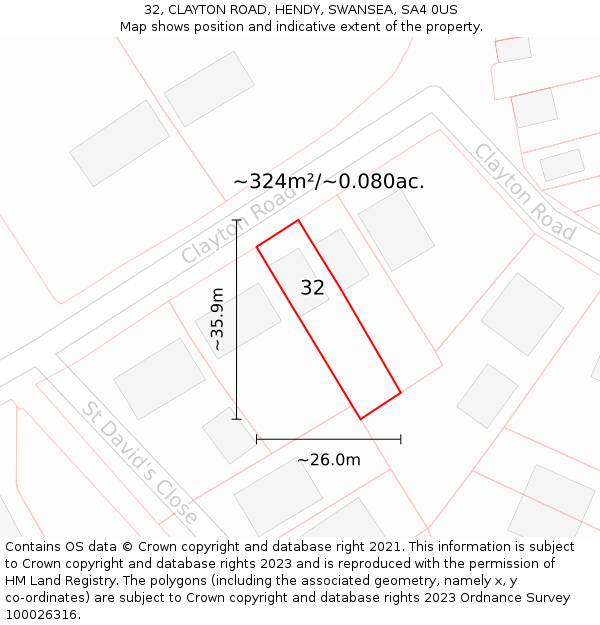 32, CLAYTON ROAD, HENDY, SWANSEA, SA4 0US: Plot and title map