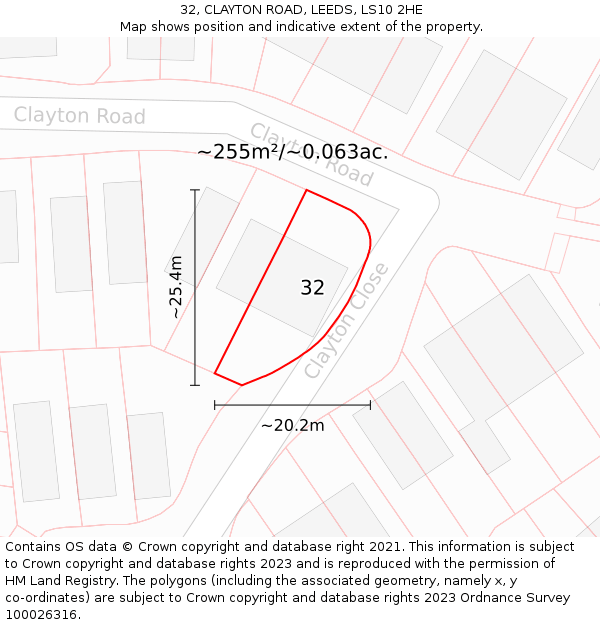 32, CLAYTON ROAD, LEEDS, LS10 2HE: Plot and title map