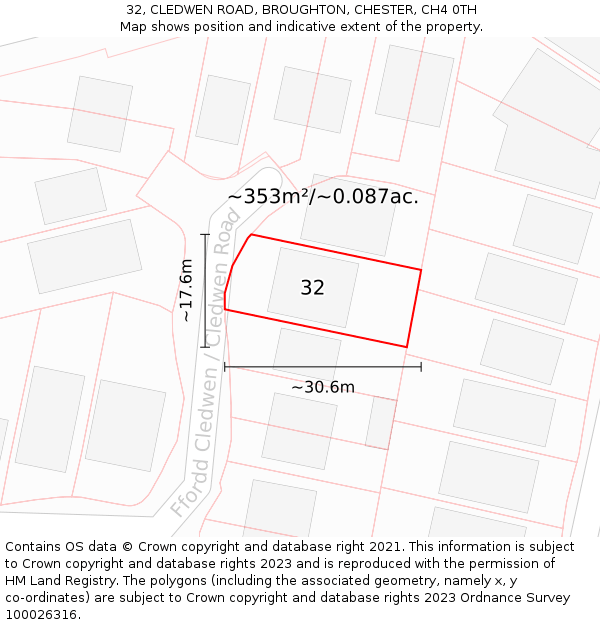 32, CLEDWEN ROAD, BROUGHTON, CHESTER, CH4 0TH: Plot and title map