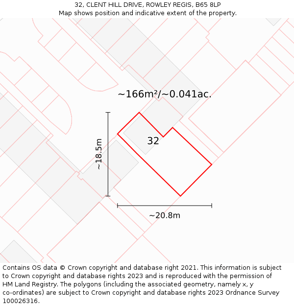 32, CLENT HILL DRIVE, ROWLEY REGIS, B65 8LP: Plot and title map