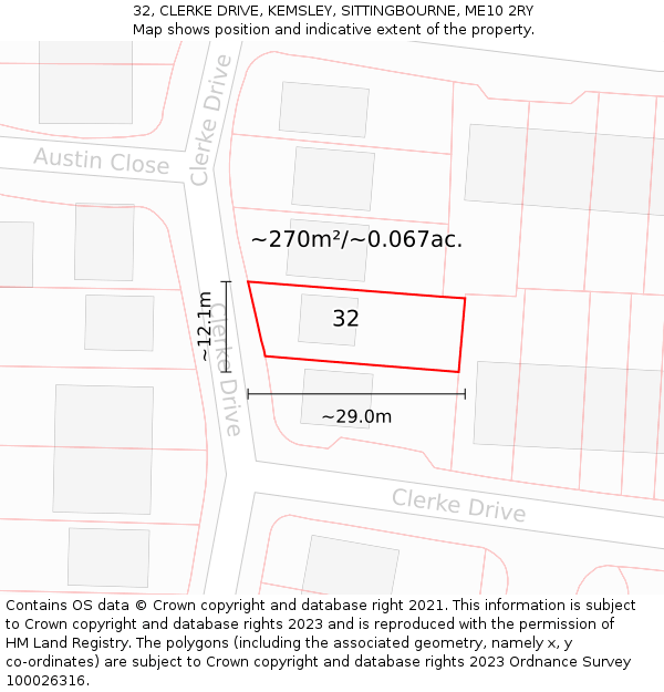 32, CLERKE DRIVE, KEMSLEY, SITTINGBOURNE, ME10 2RY: Plot and title map