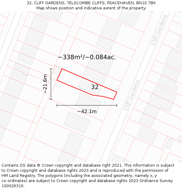 32, CLIFF GARDENS, TELSCOMBE CLIFFS, PEACEHAVEN, BN10 7BX: Plot and title map