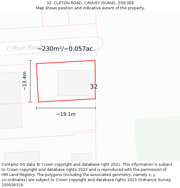 32, CLIFTON ROAD, CANVEY ISLAND, SS8 0EE: Plot and title map