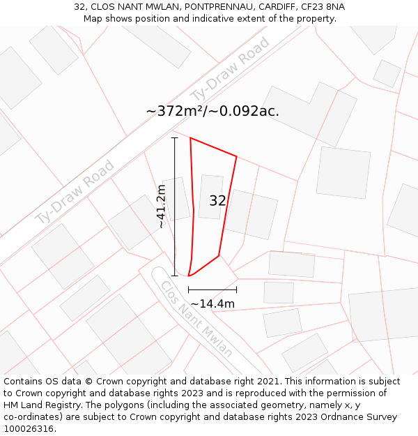 32, CLOS NANT MWLAN, PONTPRENNAU, CARDIFF, CF23 8NA: Plot and title map