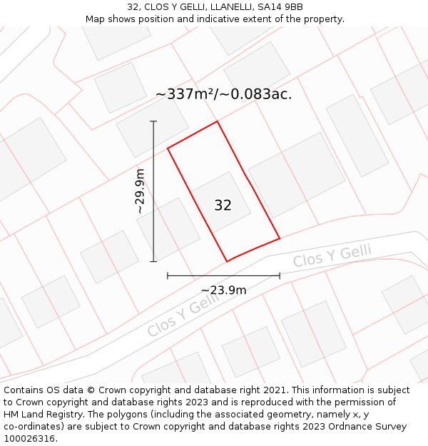 32, CLOS Y GELLI, LLANELLI, SA14 9BB: Plot and title map