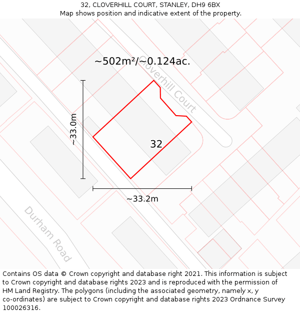 32, CLOVERHILL COURT, STANLEY, DH9 6BX: Plot and title map