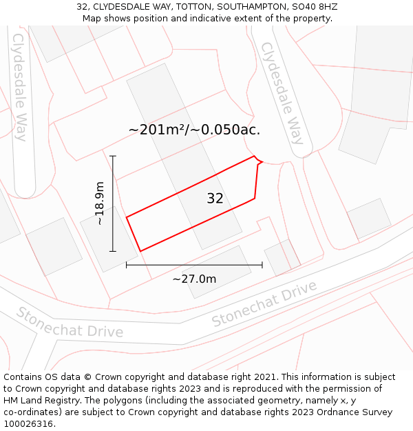 32, CLYDESDALE WAY, TOTTON, SOUTHAMPTON, SO40 8HZ: Plot and title map