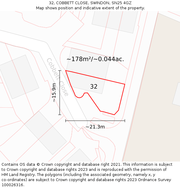 32, COBBETT CLOSE, SWINDON, SN25 4GZ: Plot and title map