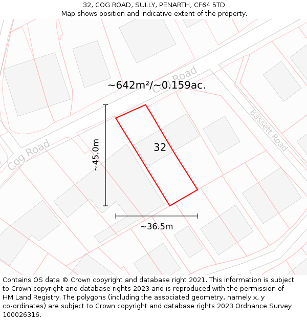 32, COG ROAD, SULLY, PENARTH, CF64 5TD: Plot and title map