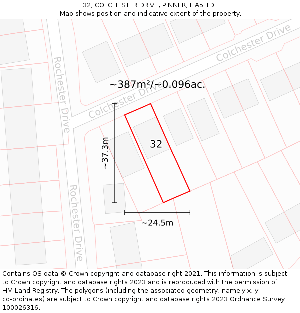 32, COLCHESTER DRIVE, PINNER, HA5 1DE: Plot and title map