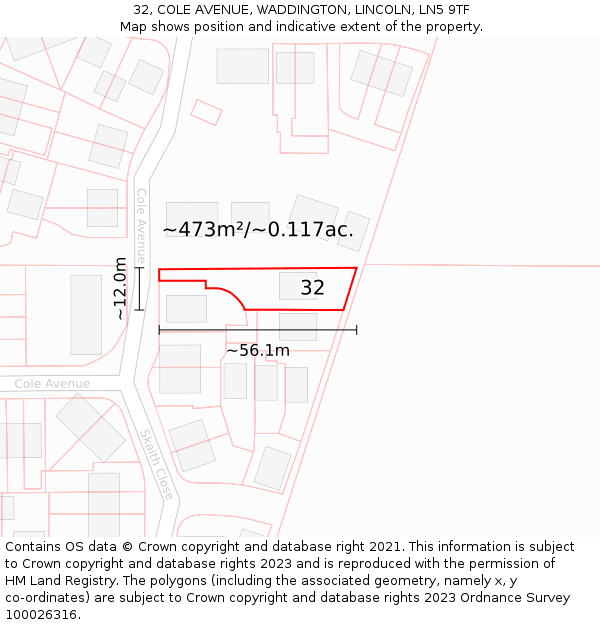 32, COLE AVENUE, WADDINGTON, LINCOLN, LN5 9TF: Plot and title map