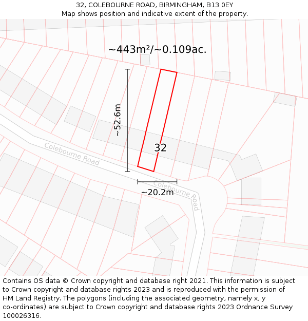 32, COLEBOURNE ROAD, BIRMINGHAM, B13 0EY: Plot and title map