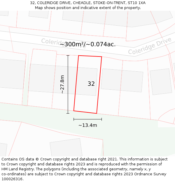 32, COLERIDGE DRIVE, CHEADLE, STOKE-ON-TRENT, ST10 1XA: Plot and title map