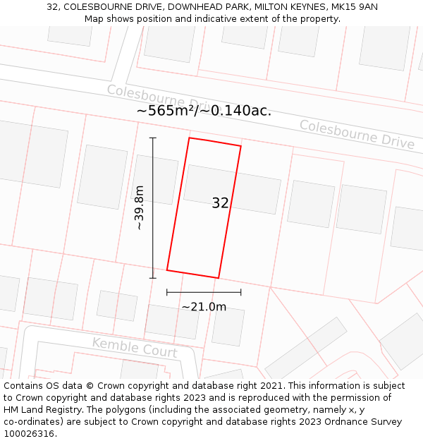 32, COLESBOURNE DRIVE, DOWNHEAD PARK, MILTON KEYNES, MK15 9AN: Plot and title map