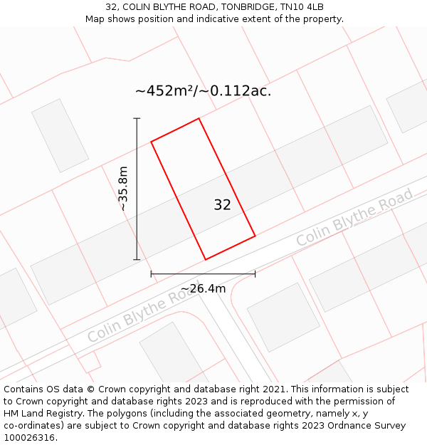 32, COLIN BLYTHE ROAD, TONBRIDGE, TN10 4LB: Plot and title map