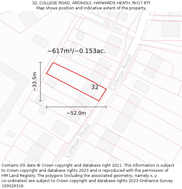 32, COLLEGE ROAD, ARDINGLY, HAYWARDS HEATH, RH17 6TY: Plot and title map